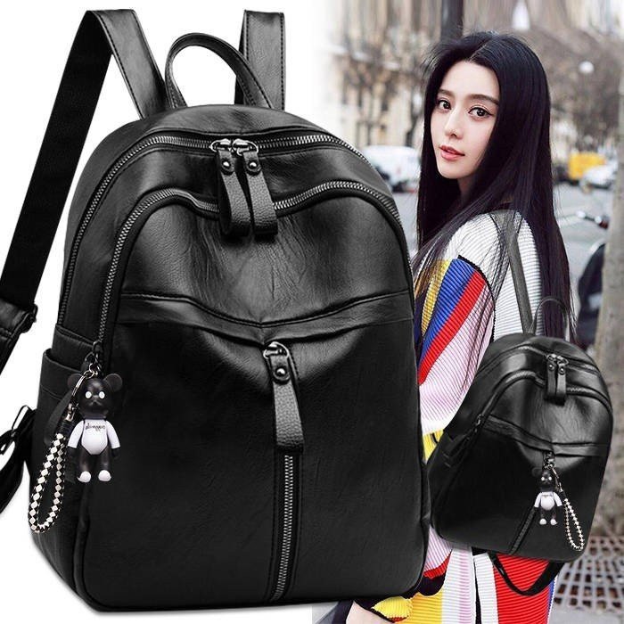 Mochila de moda coreana de mujer, pu suave, mochila de cuero, simple, mochila casual negra, mochila de hombro de mujer, mujer