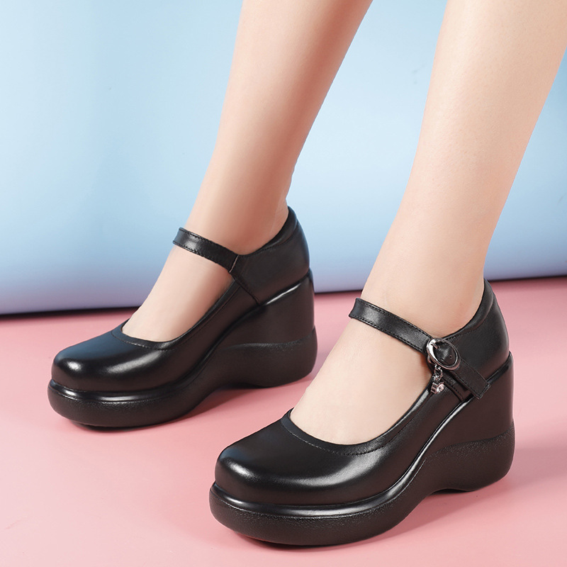 Round Toe 8cm High Wedge Heel Waterproof Platform Shoes Round Toe Buckle Platform Thick Sole Mom Shoes Flats Shallow Mouth Women's Shoes