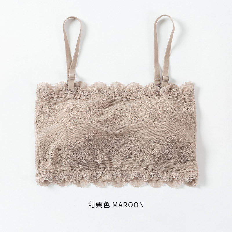 20 top de tubo de encaje de primavera correa de hombro desmontable de una palabra para niña corta envuelta en el pecho sin anillo de acero con ropa interior de sujetador de almohadilla para el pecho