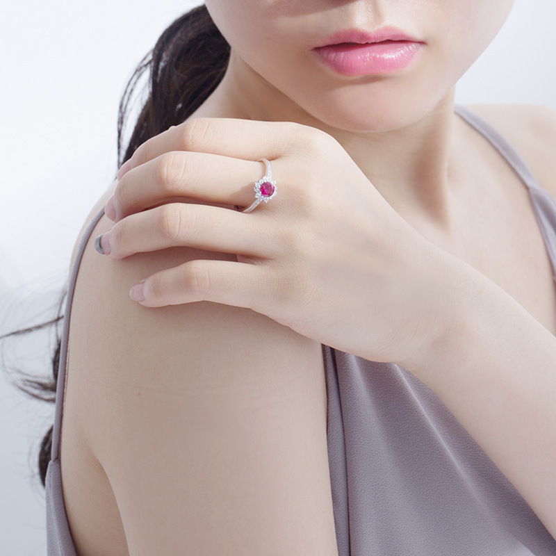 Wanying Jewelry Red Garnet Ring Women's 925 Sterling Silver Sunflower Diamond Ring Wedding Ring ins Internet Celebrity Silver Customization