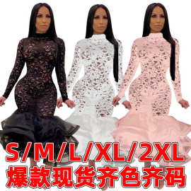 K9575 欧美速卖通亚马逊爆款女装连衣裙镂空蕾丝大码性感夜店裙