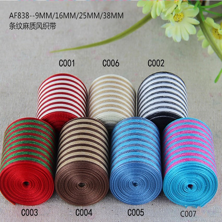 25MM手工DIY仿棉麻2色条纹带 服装鞋帽礼品礼盒鲜花包装丝带100码