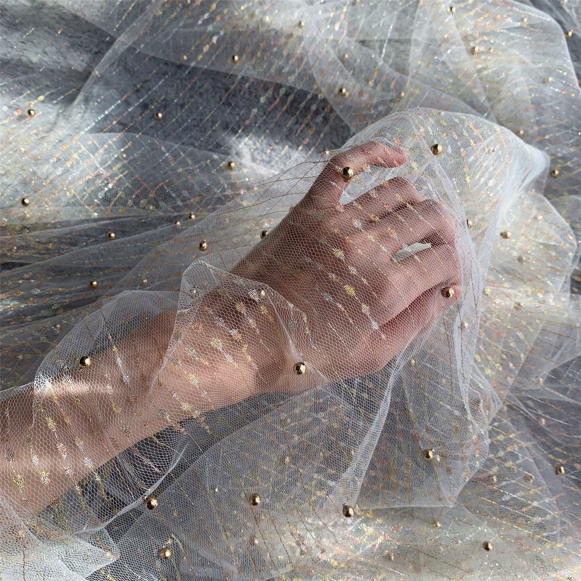 新款锦纶无弹提花网眼布 七彩串珠网纱钉珠网纱 洛丽塔汉服面料仙