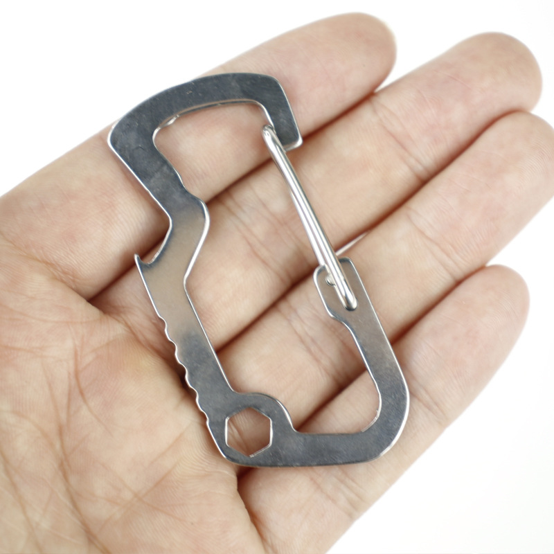 Fábrica de ángulo pequeño tiburón EDC multifuncional tipo D hebilla de acero inoxidable mosquetón abrebotellas gancho de resorte hebilla colgante rápido