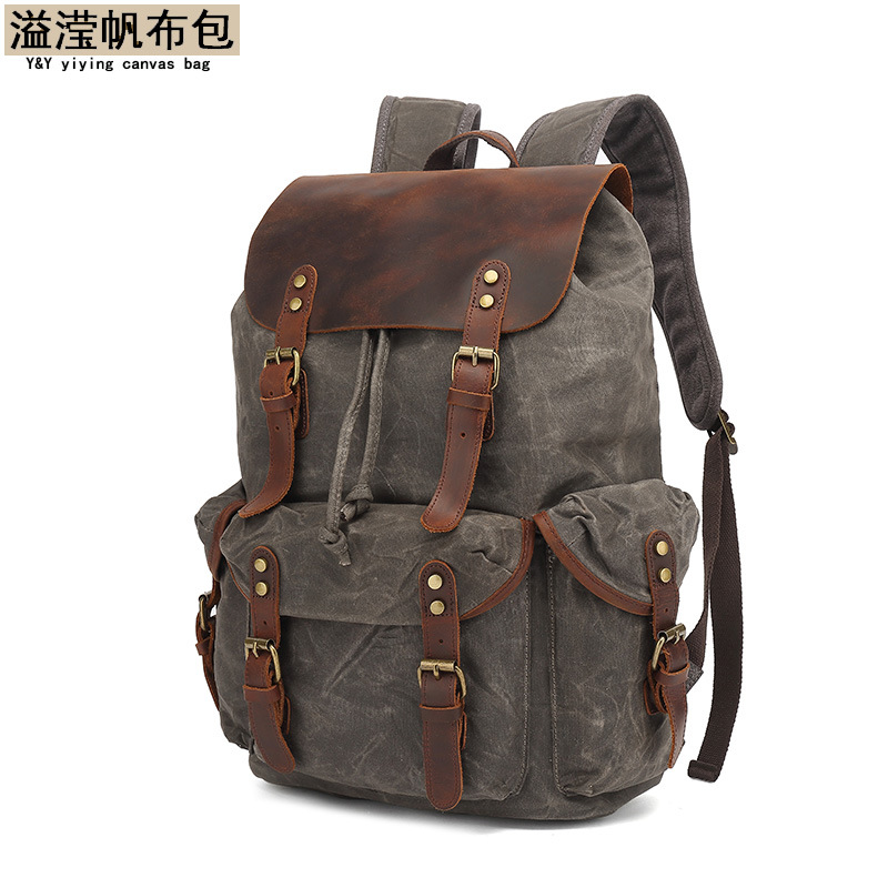 Los hombres y las mujeres mochila retro mochila bolsa de viaje encerado lona con bolsa de cuero Caballo Loco