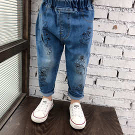 2025年春秋装新款韩版儿童涂鸦牛仔裤中小童微弹长裤男女宝宝裤子