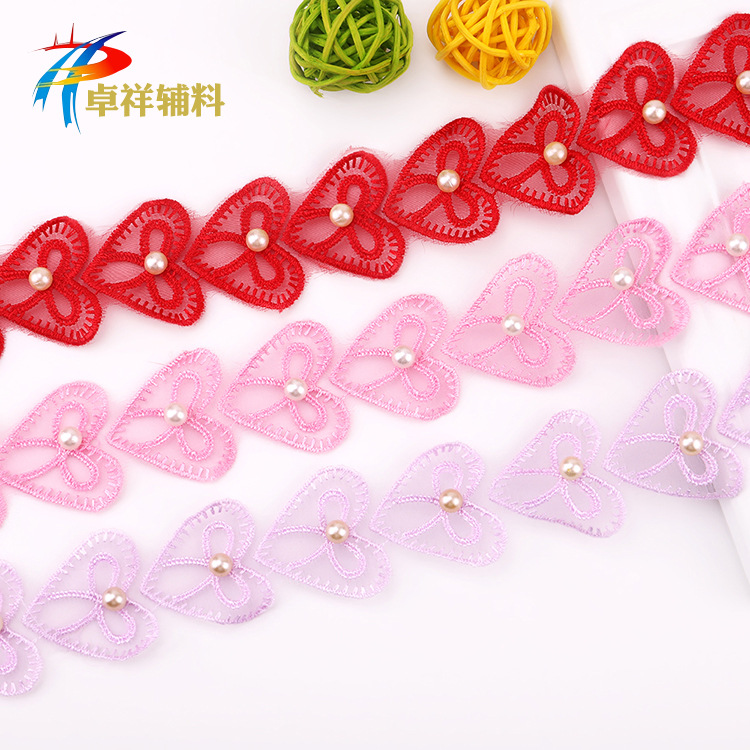 热销彩色爱心形手工钉珠花边 精美欧根纱刺绣花边 婚纱服装辅料