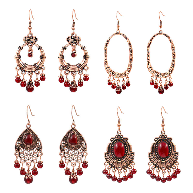 European and American New Retro Red Garnet Earrings for Women, Geometric Transfer Earrings, Earrings, Round Faces, Slimming Look