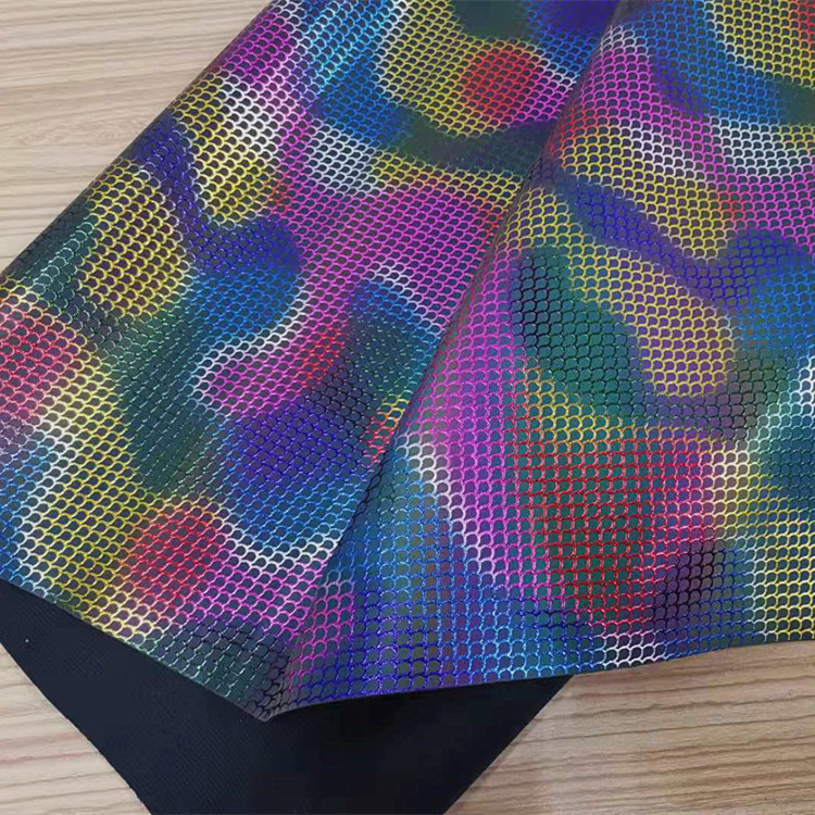 厂家供应全息七彩反光蓝球革渐变纺棉绒印花幻彩反光银白反光PU革