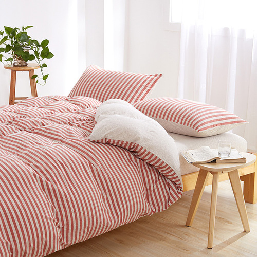 Unprinted knitted Tianzhu cotton four-piece high-quality striped quilt cover and fitted sheet 1.5 1.8 meters double bedding set