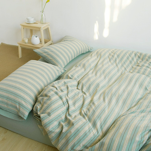 Unprinted knitted Tianzhu cotton four-piece high-quality striped quilt cover and fitted sheet 1.5 1.8 meters double bedding set