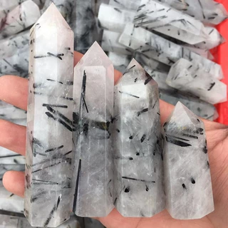 批发 天然水晶六棱柱 白水晶黑碧玺黑发晶柱子摆件水墨画