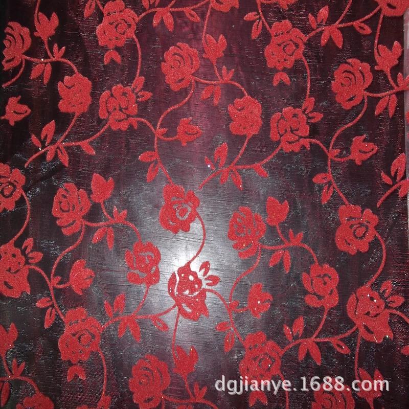 印花植绒网布 红色玫瑰印花植绒网布  网布印花植绒加工