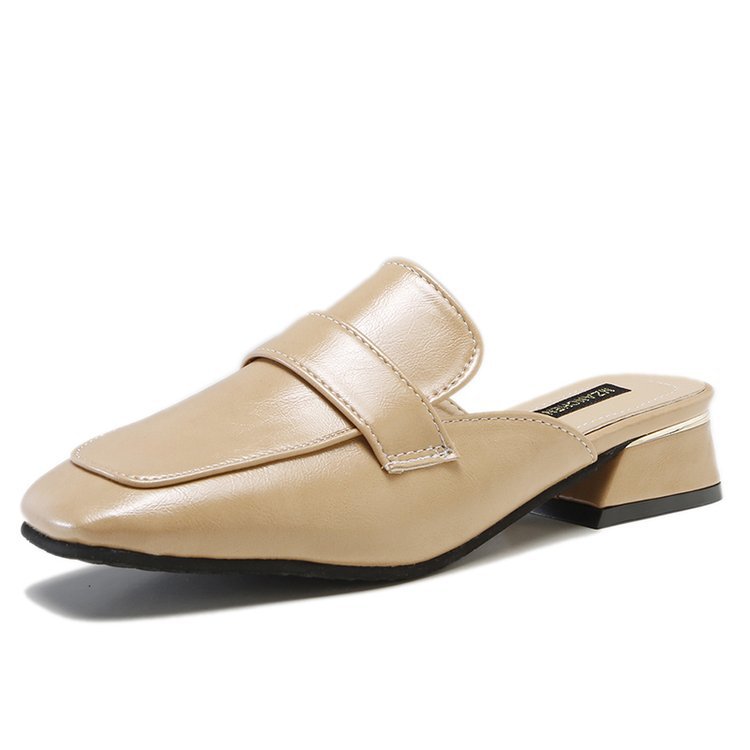 Zapatillas medias de las mujeres 2023 verano nuevo punta cerrada costura de cuero transpirable mediados talón señoras zapatillas Cabeza Cuadrada