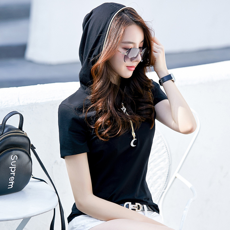 Short-Sleeved T-Shirt for Women Ins Trendy Women's Fashion 2026 Hooded Zipper Solid Color Korean Style Slim Fit Hooded Sweatshirt 6703