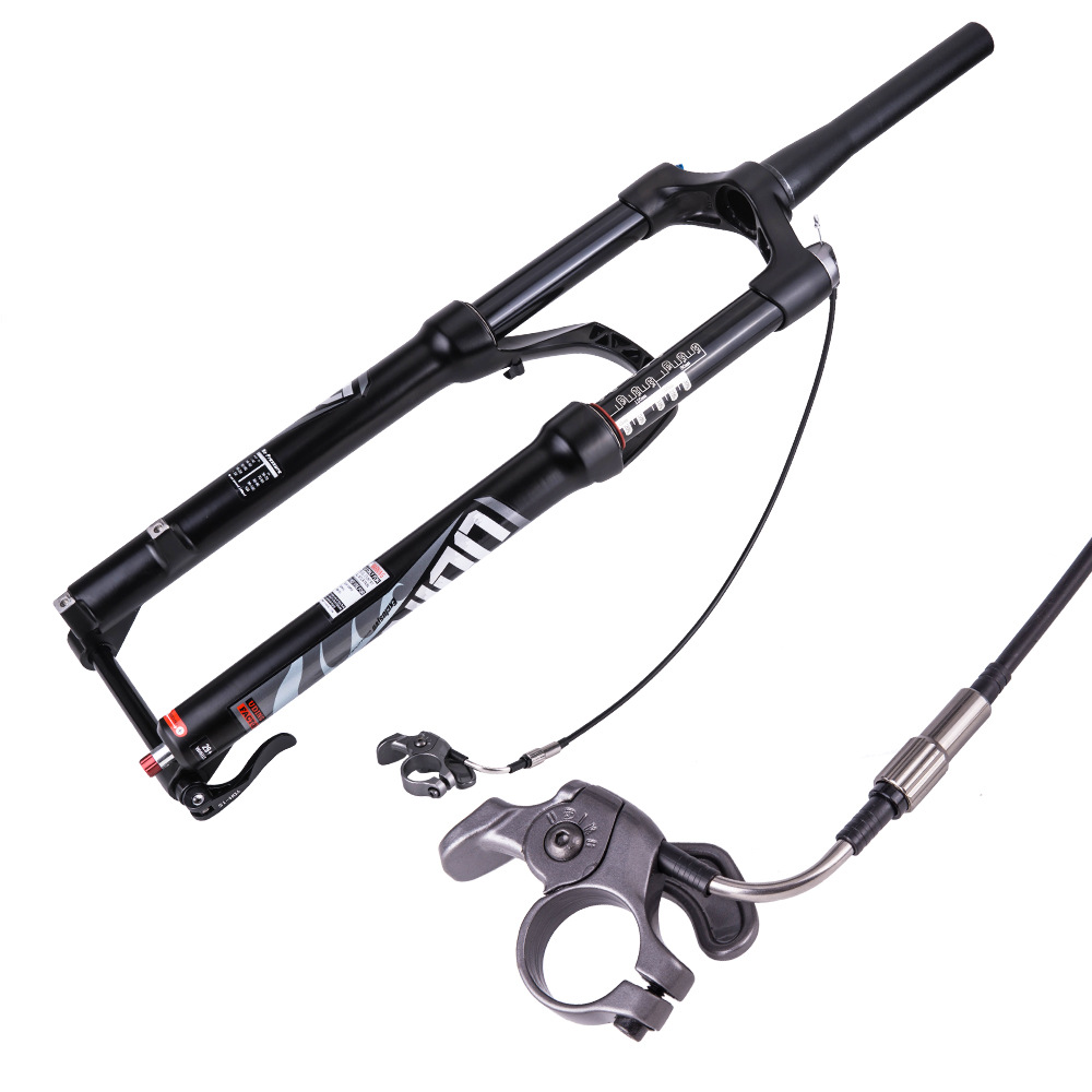 Tenedor delantero de bicicleta de montaña Tubo cónico de 29 pulgadas Eje de barril controlado por cable Carrera 140 Tenedor de aire de aleación de magnesio Tenedor delantero bloqueable