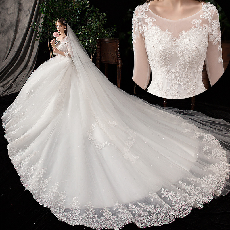 TikTok Same Style Wedding Dress 2025 New Bride Shoulder Lace Middle Sleeve Long Trailing Court plus size in stock W35
