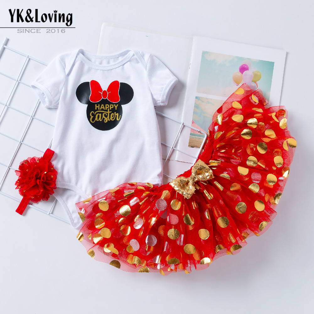 Cross-border Easter New Baby's Short-sleeved Printed Ha-ha Clothes Climbing Clothes Mesh Shaped Dress Three-piece Set