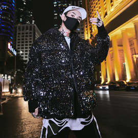 2019冬季港风宽松亮片中长款棉衣外套韩 休闲时尚个性慵懒风棉服