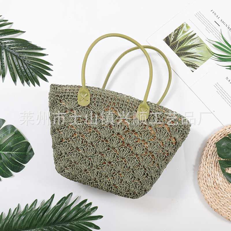 Handmade Rattan Shoulder Bag With Leather Trim Eco-friendly Basket_voghion.com