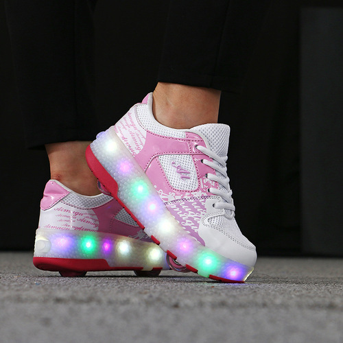 B76 Student Sports Shoes Children Dual-Wheel Scooter Shoes with Wheels Roller Skates for Middle and Primary School Students LED Flashing Ice Skates
