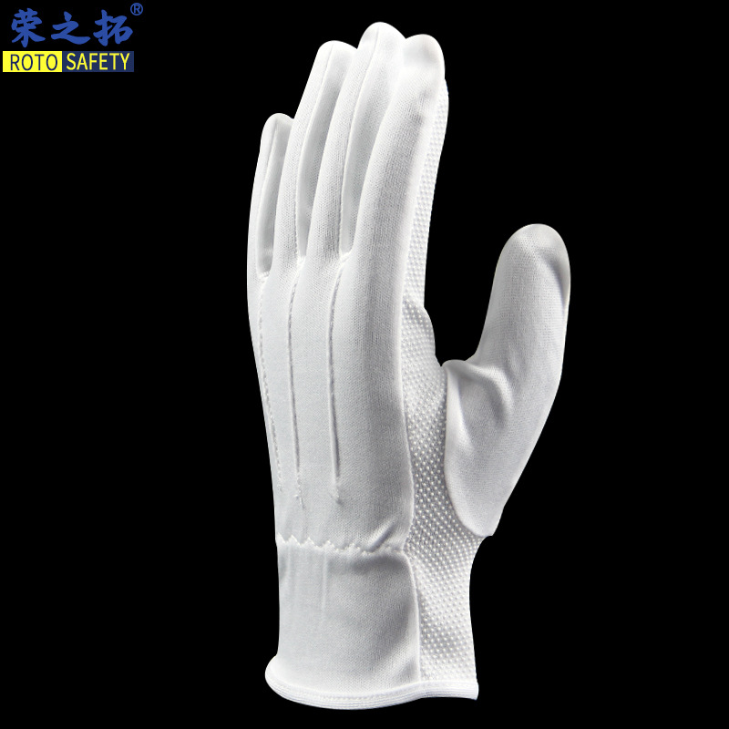 Poliéster punto de tres costillas guantes de etiqueta de plástico poliéster blanco conserje guardia de seguridad Wenwan taller libre de polvo guantes antideslizantes