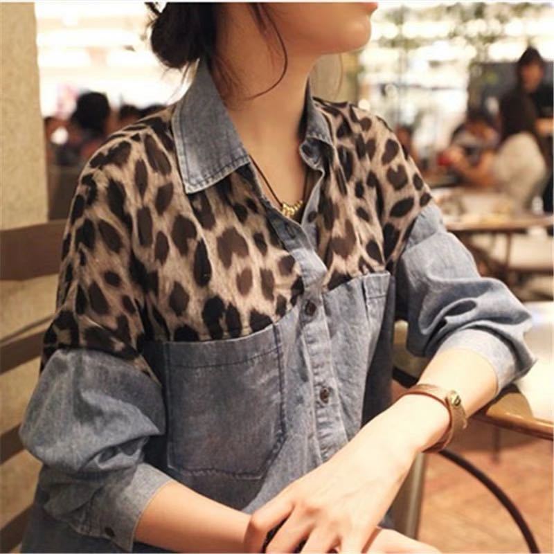 Spring New Style Mid-Length Loose Long-Sleeved European and American Style Shirt Leopard Print Chiffon Splicing Large Size Denim Shirt for Women Spring New Style Mid-Length Loose Long-Sleeved European and American Style Shirt Leopard Print Chiffon Splicing Large Size Denim Shirt for Women