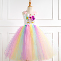 一件代髮長款連衣裙送獨角頭飾中小女童tutu裙兒童表演花瓣禮服裙