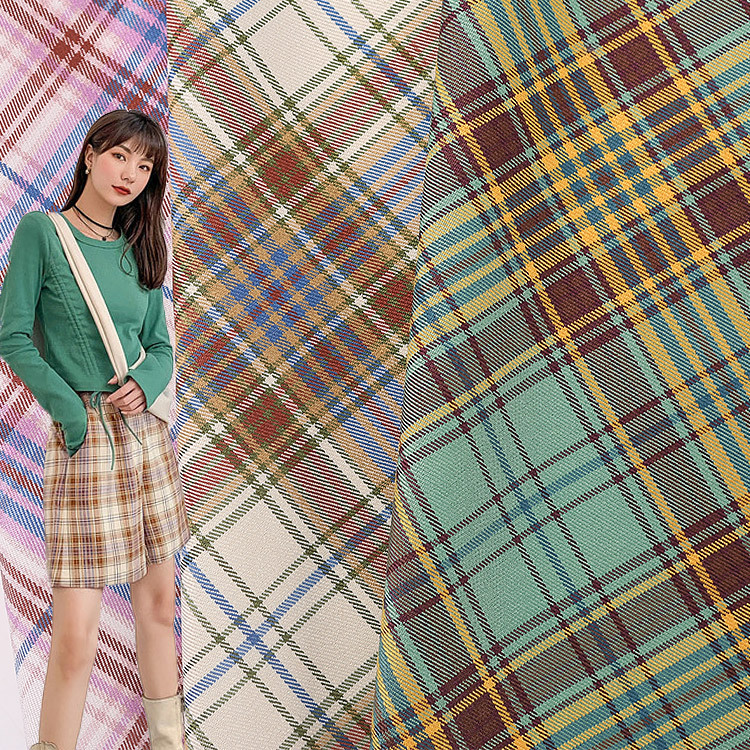 涤纶弹力色织格子布 春夏新款女装布料 西装外套连衣裙面料现货