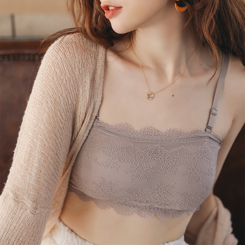 20 top de tubo de encaje de primavera correa de hombro desmontable de una palabra para niña corta envuelta en el pecho sin anillo de acero con ropa interior de sujetador de almohadilla para el pecho