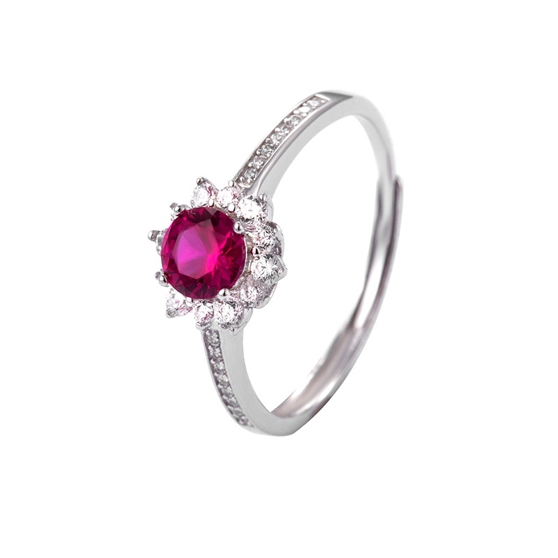 Wanying Jewelry Red Garnet Ring Women's 925 Sterling Silver Sunflower Diamond Ring Wedding Ring ins Internet Celebrity Silver Customization