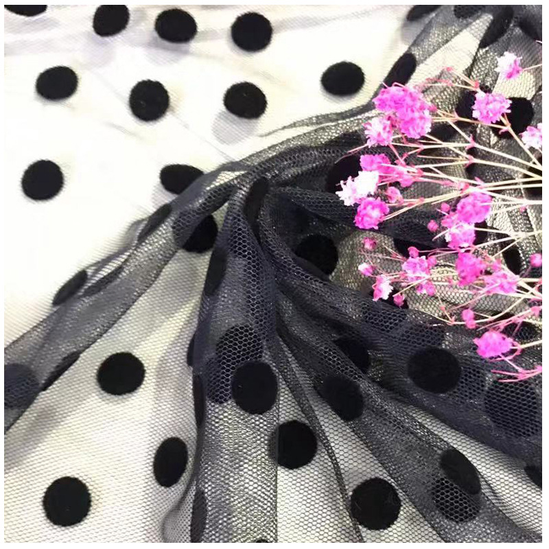 黑色大点点植绒网布 植绒黑色圆点 网纱面料 滚筒植绒 台版植绒厂