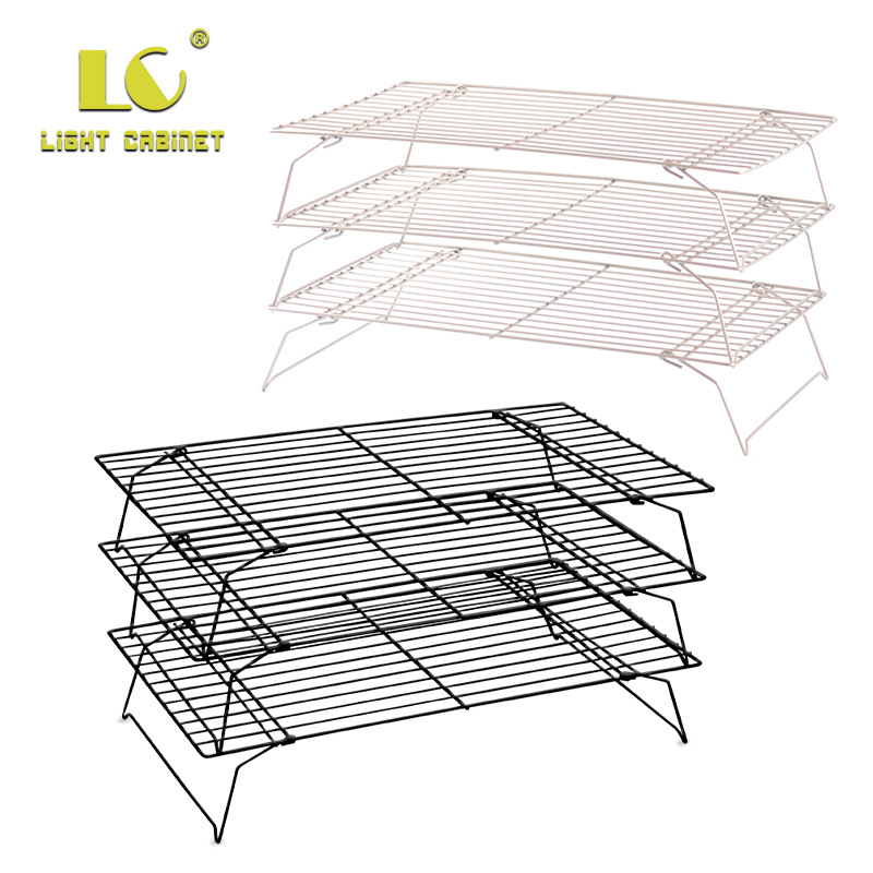 Venta al por mayor de fábrica de color en caja antiadherente combinación de tres capas plegable estante de enfriamiento estante de secado de la torta estante de enfriamiento para hornear