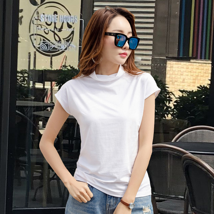 가을 여성 한국식 하프 하이 칼라 민소매 티셔츠 단색 면 베이스 셔츠 느슨한 플러스 사이즈 탑 수출 크로스 보더