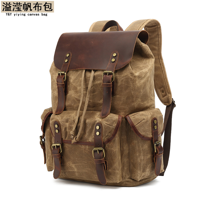 Los hombres y las mujeres mochila retro mochila bolsa de viaje encerado lona con bolsa de cuero Caballo Loco