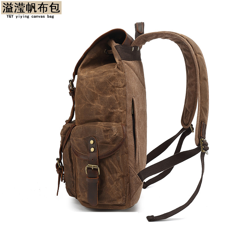 Los hombres y las mujeres mochila retro mochila bolsa de viaje encerado lona con bolsa de cuero Caballo Loco