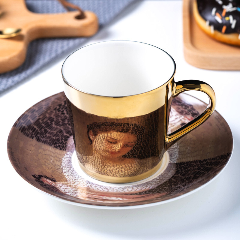倒影陶瓷咖啡杯碟带勺镜子杯创意折射反射电镀镜面杯可logo