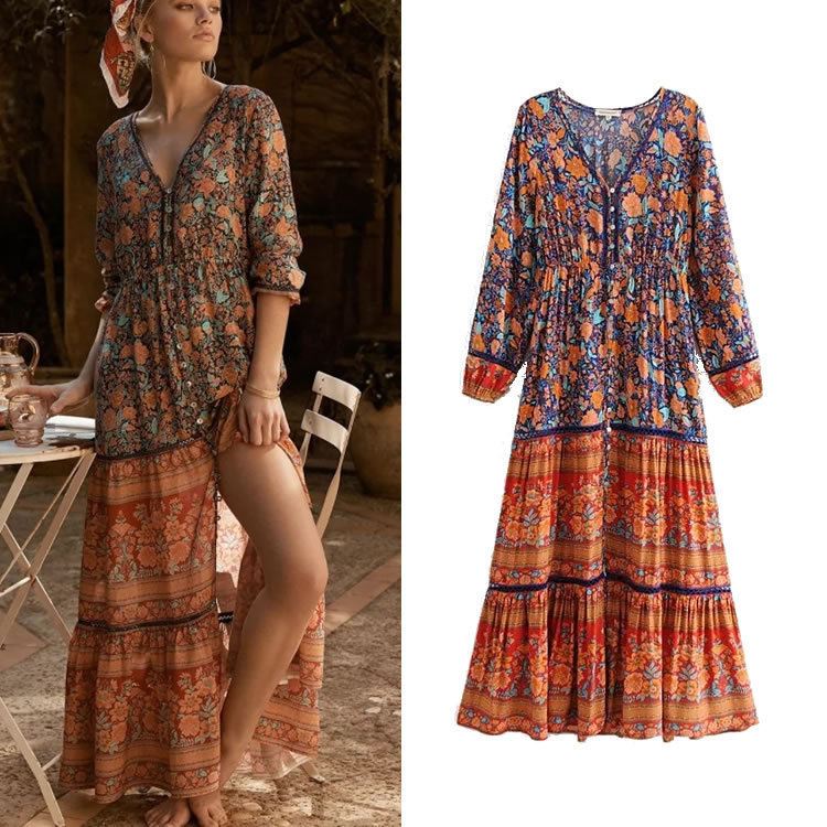 Cross-Border Spring and Summer European and American New Printed Women's Dress Positioning V Neck Cut Out Waist Elastic Long Skirt