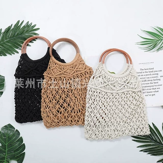 厂家直销新款纯色手提编织包潮女森系草编包度手工棉绳网兜沙滩包