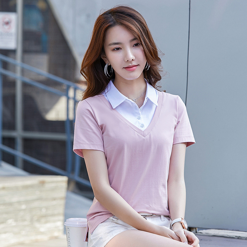 Factory direct spring and summer new short-sleeved T-shirt women's lapel fake two-piece women's slim solid color collared top 6712