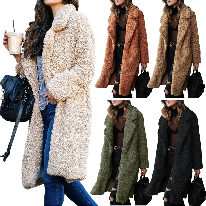Ready Stock Women's Autumn and Winter European and American Long-Sleeved Lapel Double-Sided Velvet Women's Plush Top Long Outwear Lamb Velvet Women's Outwear Ready Stock Women's Autumn and Winter European and American Long-Sleeved Lapel Double-Sided Velvet Women's Plush Top Long Outwear Lamb Velvet Women's Outwear