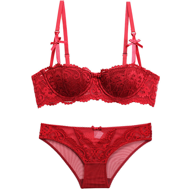 European and American Sexy Intimates Women's Palace Vine Jacquard Half Cup Lace Bra Small Breast Push-Up Anti-Sagging Bra Set European and American Sexy Intimates Women's Palace Vine Jacquard Half Cup Lace Bra Small Breast Push-Up Anti-Sagging Bra Set
