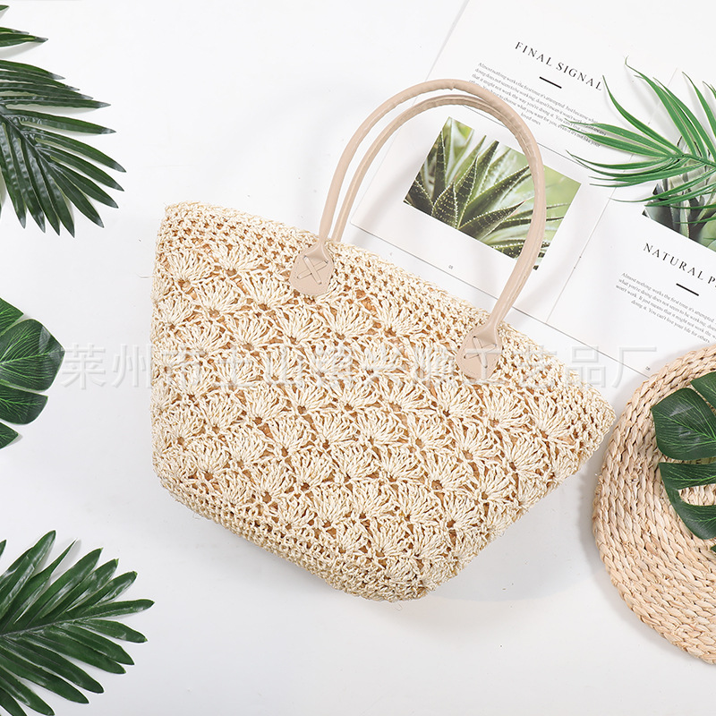 Storage Basket Bag, Rattan Handbag, Woven Shoulder Bag, Handmade Natural Rattan & Seagrass, Leather Trim, Eco-Friendly, Lightweight, Durable For Daily_voghion.com