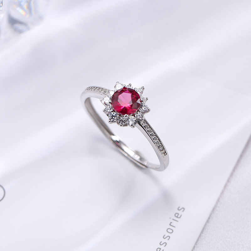 Wanying Jewelry Red Garnet Ring Women's 925 Sterling Silver Sunflower Diamond Ring Wedding Ring ins Internet Celebrity Silver Customization
