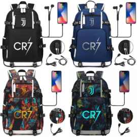 足球球星印花USB青少年学生书包男女休闲大容量旅行包双肩背
