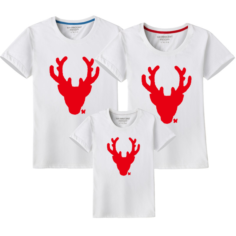 Año nuevo verano gran ciervo cabeza auto-producido algodón padre-niño ropa clase ropa impresa ropa de los niños de manga corta cuello redondo Camiseta al por mayor