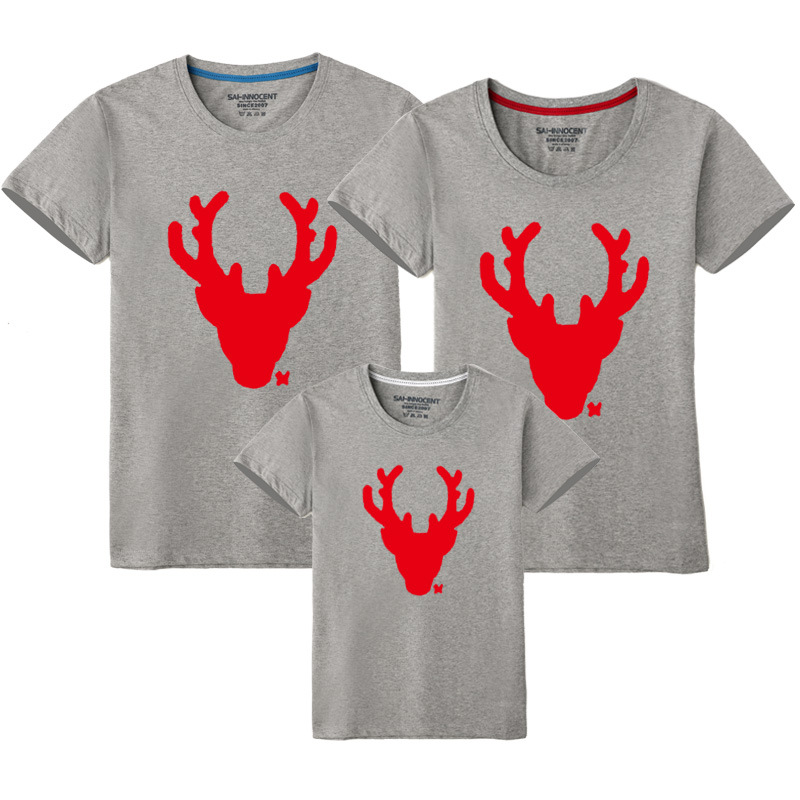 Año nuevo verano gran ciervo cabeza auto-producido algodón padre-niño ropa clase ropa impresa ropa de los niños de manga corta cuello redondo Camiseta al por mayor
