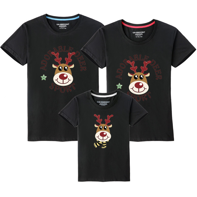 Año nuevo verano círculo ciervos auto-producción de algodón padre-niño ropa impresa ropa para niños manga corta cuello redondo Camiseta al por mayor