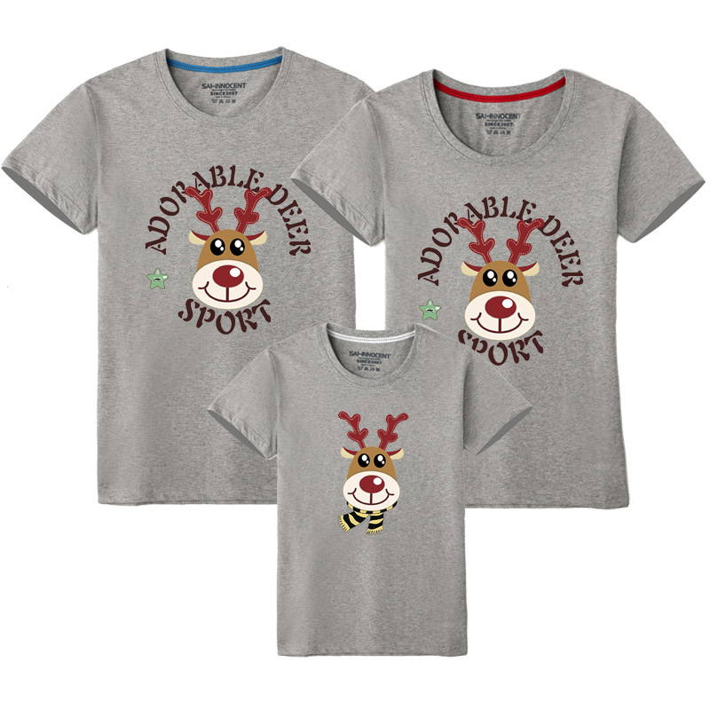 Año nuevo verano círculo ciervos auto-producción de algodón padre-niño ropa impresa ropa para niños manga corta cuello redondo Camiseta al por mayor