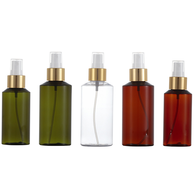 En stock botella de spray botella de embalaje cosmético aerosol blanco anillo de oro brillante hombro oblicuo PET puro botella de spray de rocío Xumin material de embalaje
